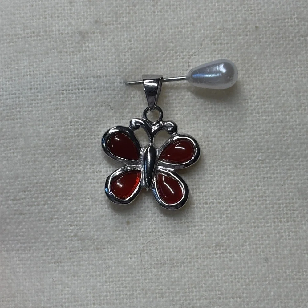Genuine Carnelian Butterfly 925 Sterling Silver Pendant - Picture 2 of 5
